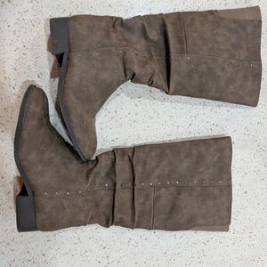 Brown Knee-High Boots with Stud Accents